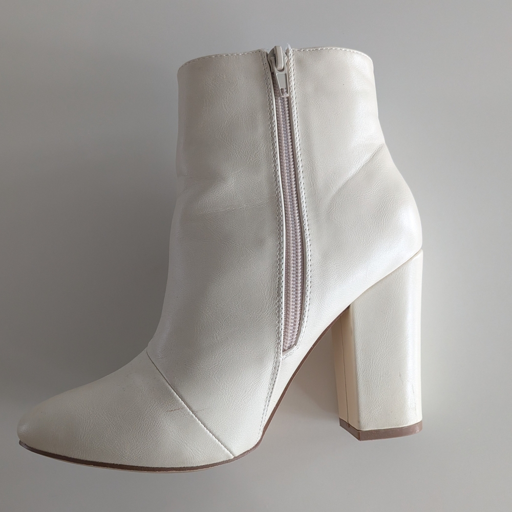 Ivory Block Heel Ankle Booties with Side Zip